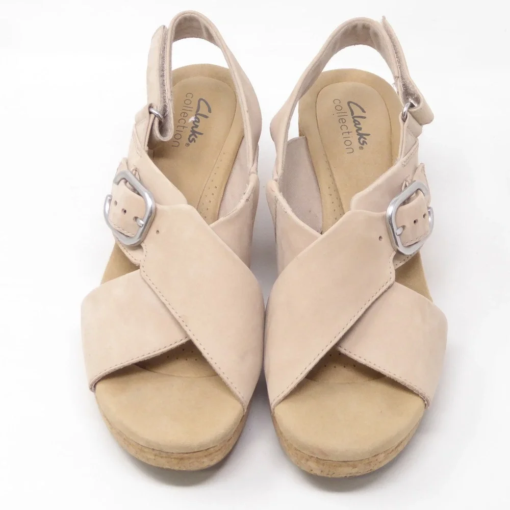 Clarks Giselle Womens Wedge Sandals Tan Leather Cork Platform Buckle 9